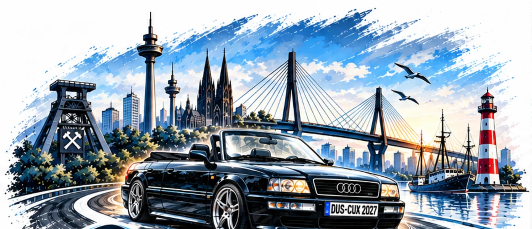 Illustration: Audi Cabriolet Typ 89 vor Förderturm, Dom, Rheinturm, Brücke und Leuchtturm – von Düsseldorf an die Küste